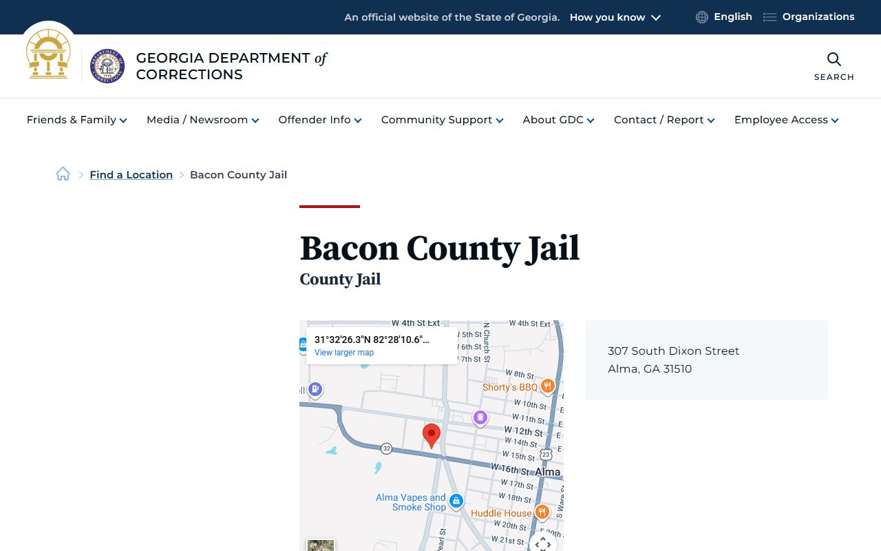 Bacon County jail on the Georgia Department of Corrections facility page