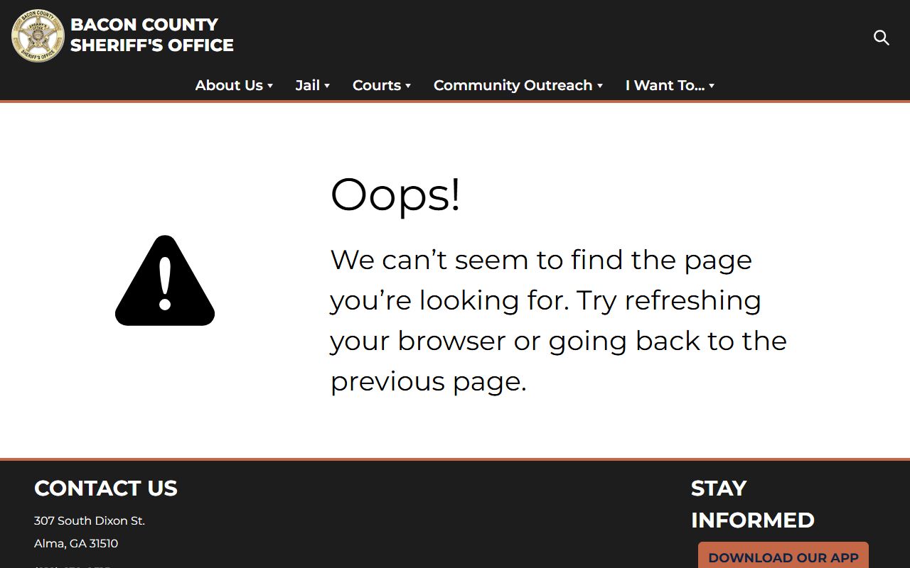 Bacon County jail page showing inmate roster and booking info