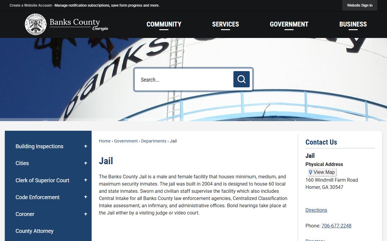 Banks County jail page on county website showing jail roster information