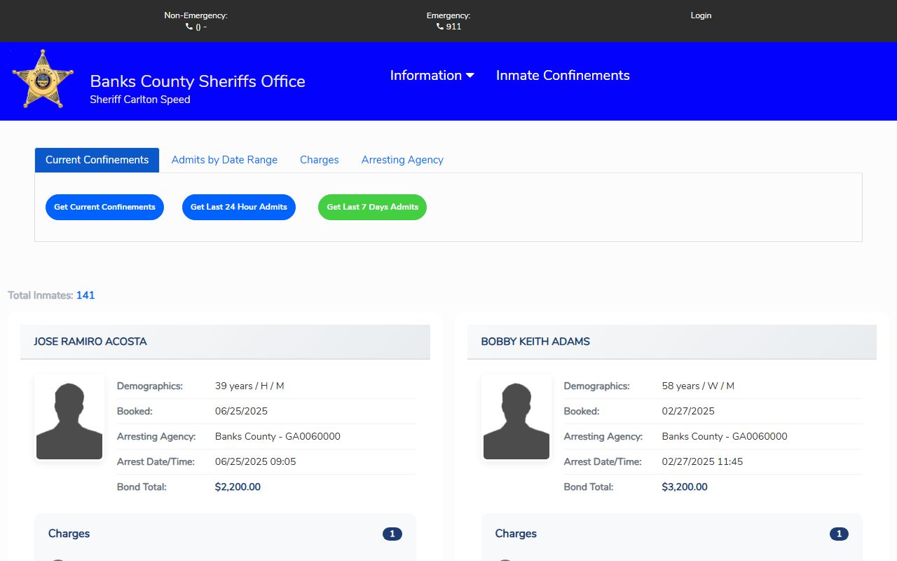 Banks County inmate search through Southern Software Citizen Connect for jail roster