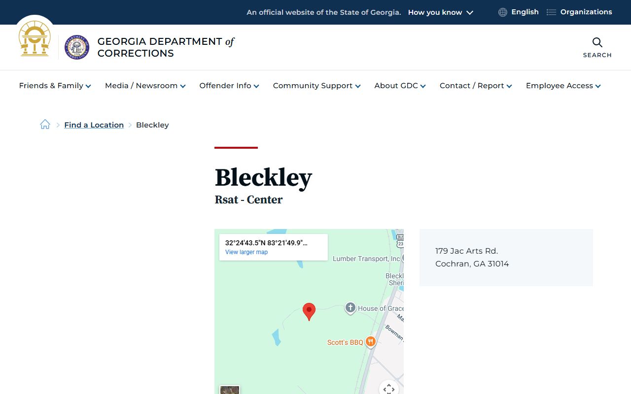 Bleckley County GDC facility page for state inmate records