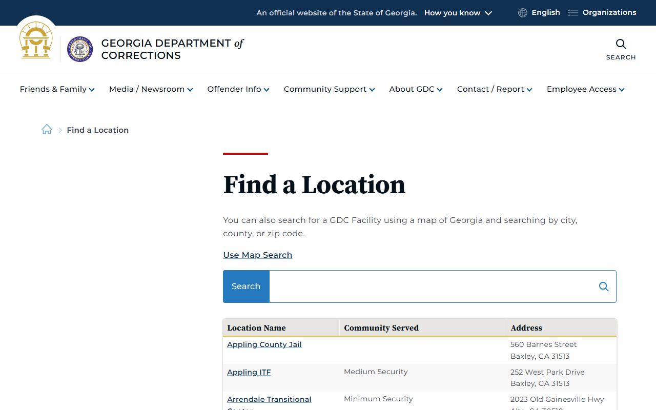 Georgia GDC facility directory for jail and prison locations